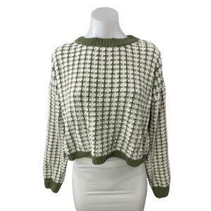 Pink Rose Green Floral Chenille Knit Long Sleeve Crew Neck Crop Sweater Top Sz M